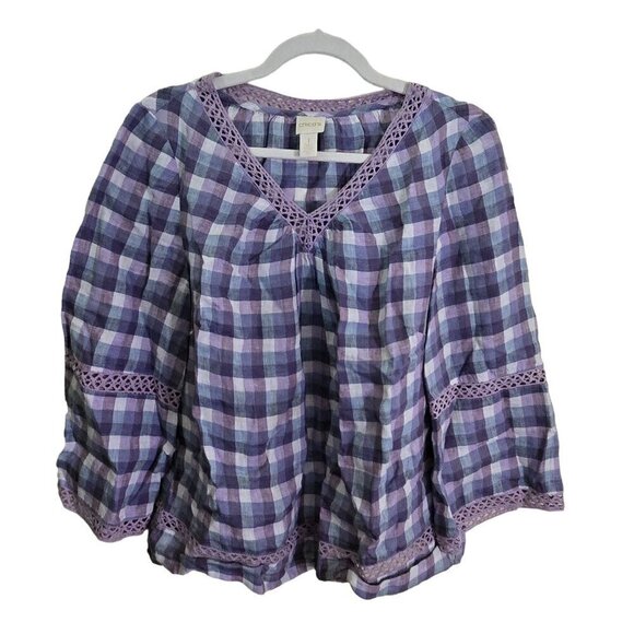 Chico's Crochet Detail Gingham Linen Popover Tunic Top Size S - Picture 2 of 8